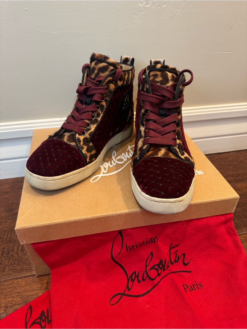 Christian Louboutin Women’s Leopard & Burgundy High-Top Sneakers size 37 1/2